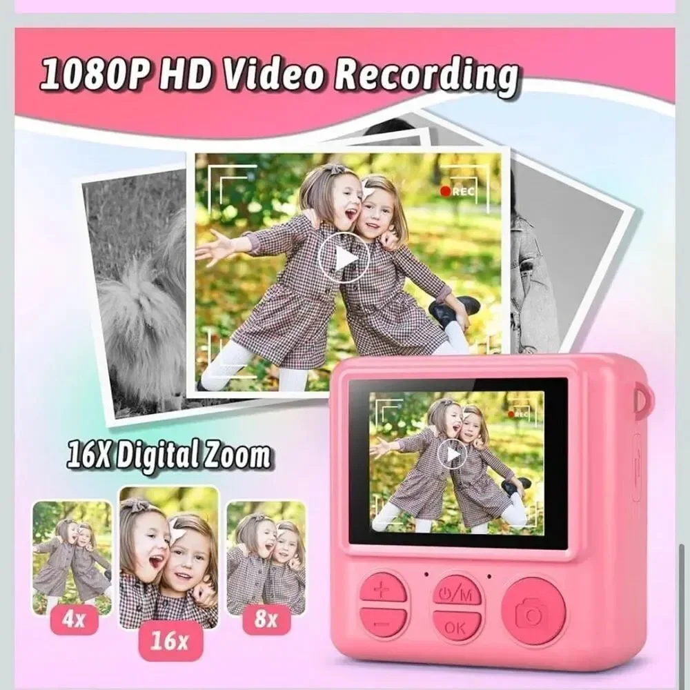 Kids Pink Camera Instant Print, Christmas Birthday Gifts for Girls Boys Age 3-12
